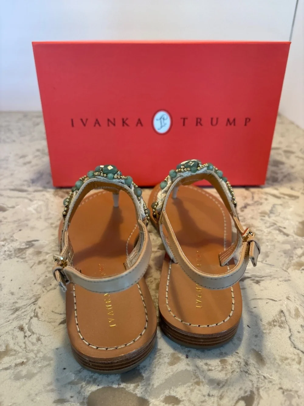 Women’s Ivanka Trump Pauline Embellished Leather Thong Flat Sandals 7.5 M